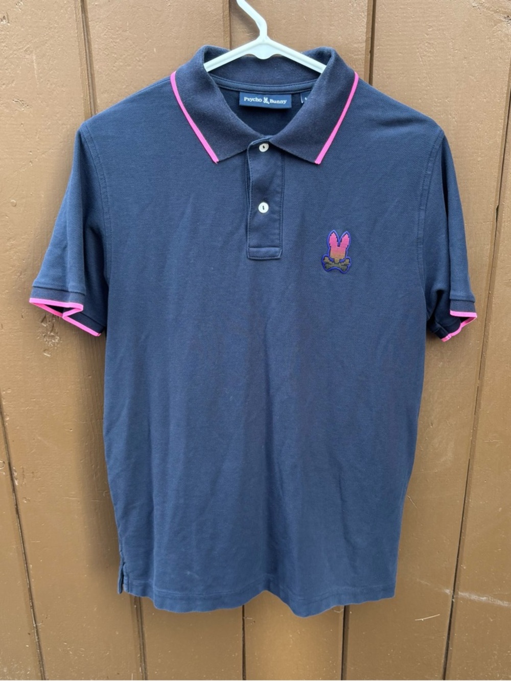 Psycho Bunny Men's Polo Shirt Navy Pink Spread Collar Logo Size S